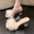 Damen elegante Mules mit transparentem Blockabsatz und feiner Fellverzierung R&B