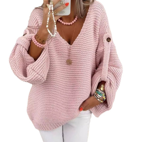 Damen V-Ausschnitt Strickpullover mit weitem Schnitt R&B