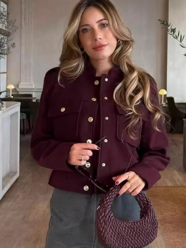 Damen kurze Militärjacke mit Taschen und dekorativen Knöpfen R&B