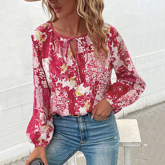 Damen Bluse mit floralem Design und modischer Knotenoptik R&B
