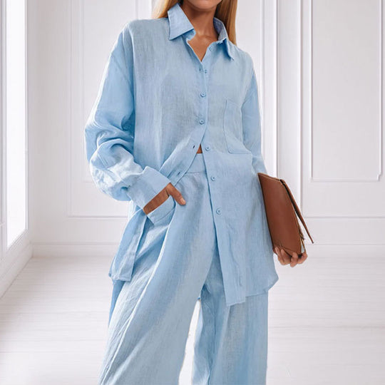 Damen lässiges Leinen-Hemd- und Hosen-Set R&B