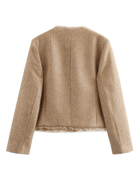 Damen elegante Tweed-Jacke mit Fransen und dekorativen Knöpfen R&B