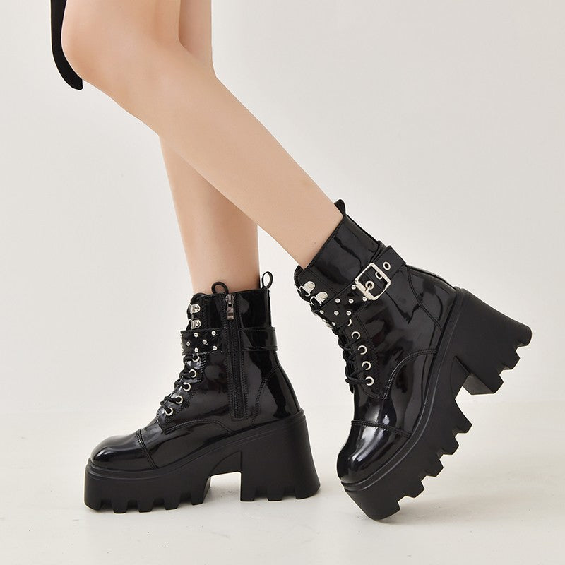 Damen High-Top Stiefeletten mit modischem Schnallen-Detail und robustem Plateau R&B