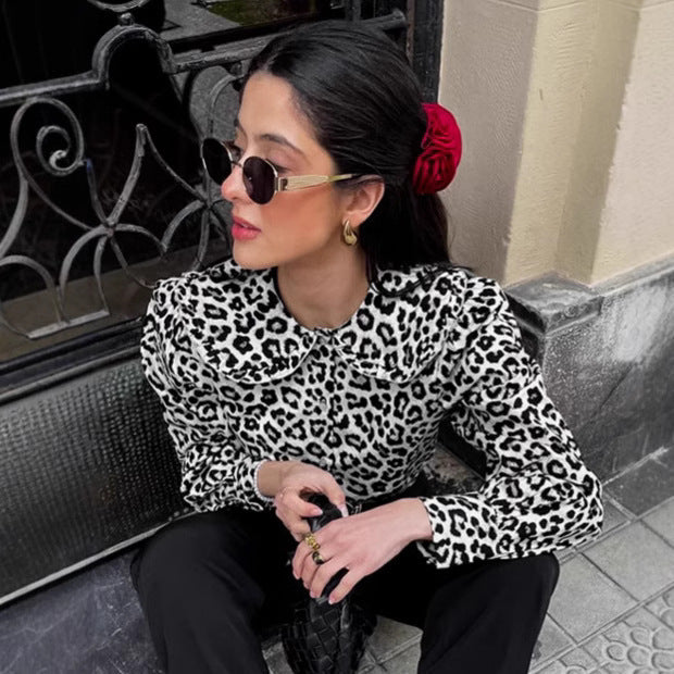 Damen Modische Bluse mit Leopardenmuster und voluminösen Ärmeln R&B