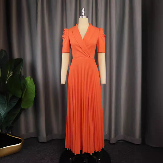 Damen elegantes Wickelkleid mit plissiertem Rock und Puffärmeln R&B