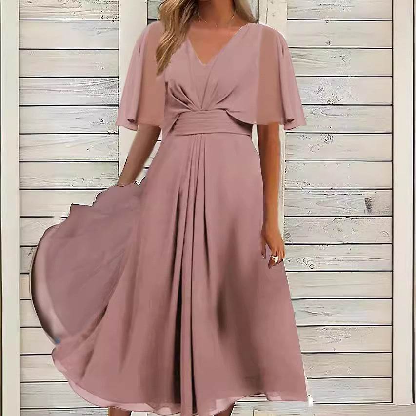 Damen elegantes Midikleid mit fließendem Stoff und asymmetrischen Ärmeln R&B