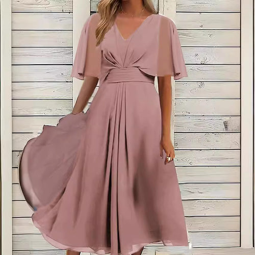 Damen elegantes Midikleid mit fließendem Stoff und asymmetrischen Ärmeln R&B