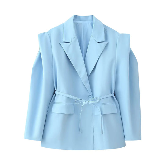 Damen elegante Oversized-Blazerjacke mit Gürtel und Schulterpolstern R&B