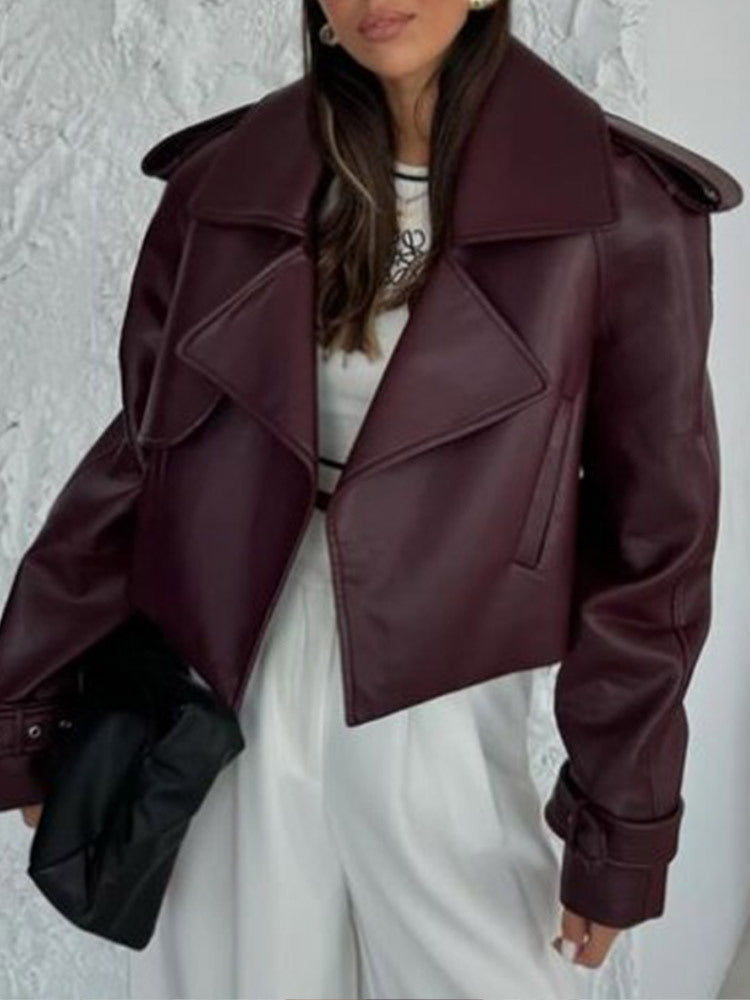 Damen modische Kunstlederjacke mit oversized Schnitt und breitem Kragen R&B