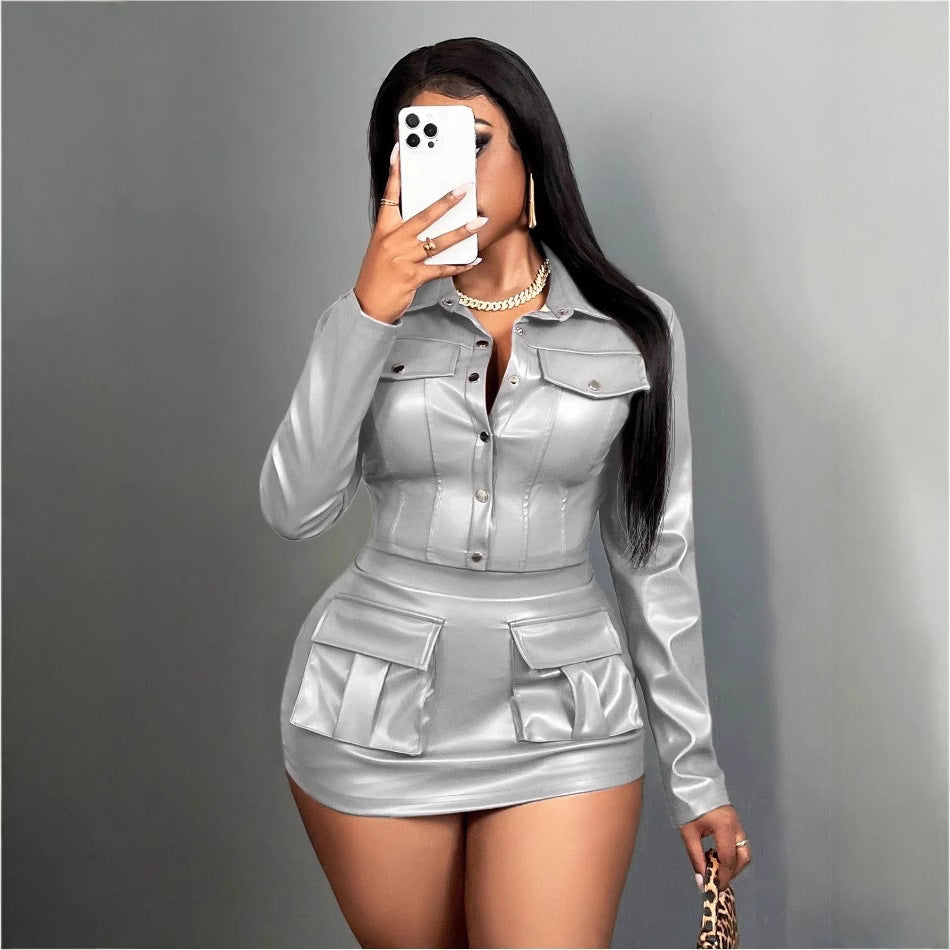 Damen Kunstleder Minikleid mit praktischen Klappentaschen R&B