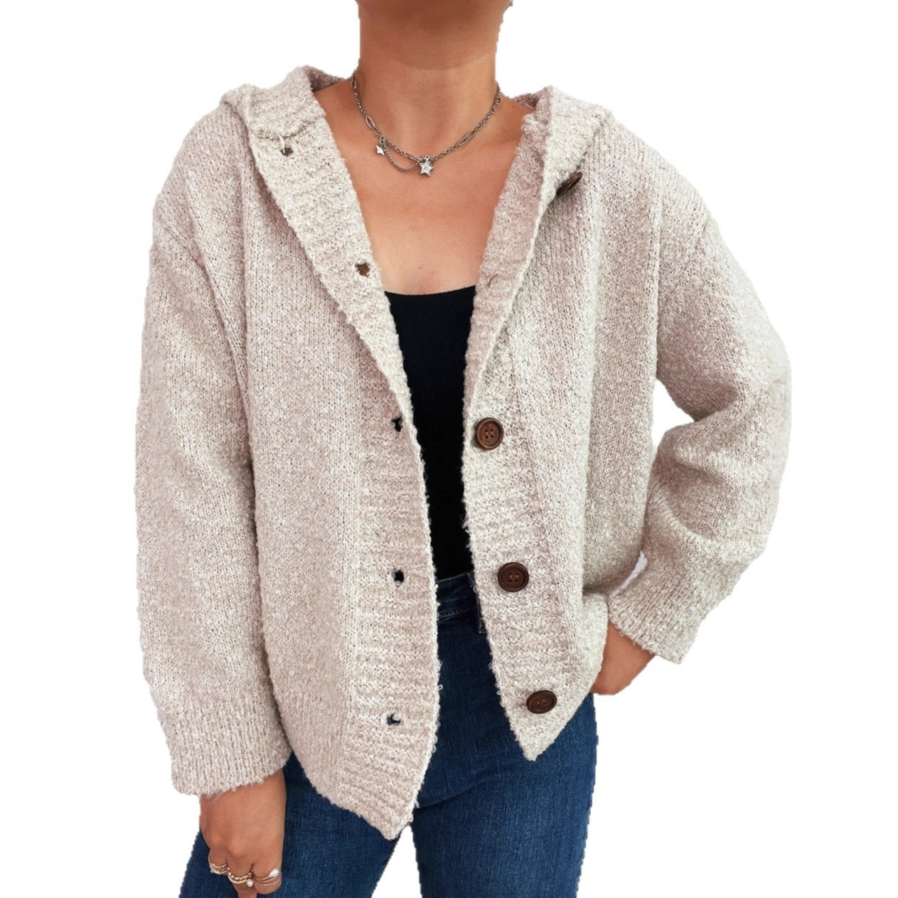 Damen kuschelige Strickjacke mit Kapuze und Knopfdetails R&B