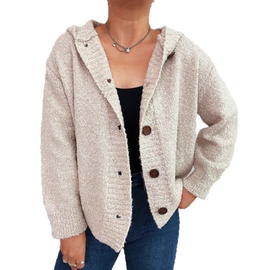 Damen kuschelige Strickjacke mit Kapuze und Knopfdetails R&B