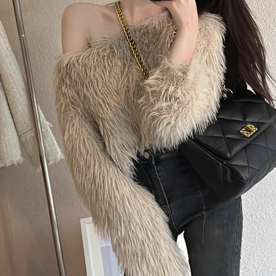 Damen Flauschiger Off-Shoulder-Pullover mit langen Ärmeln R&B