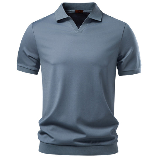 Herren nan feinstrickiges Kurzarm-Poloshirt mit offenem V-Kragen und elastischem Saum R&B