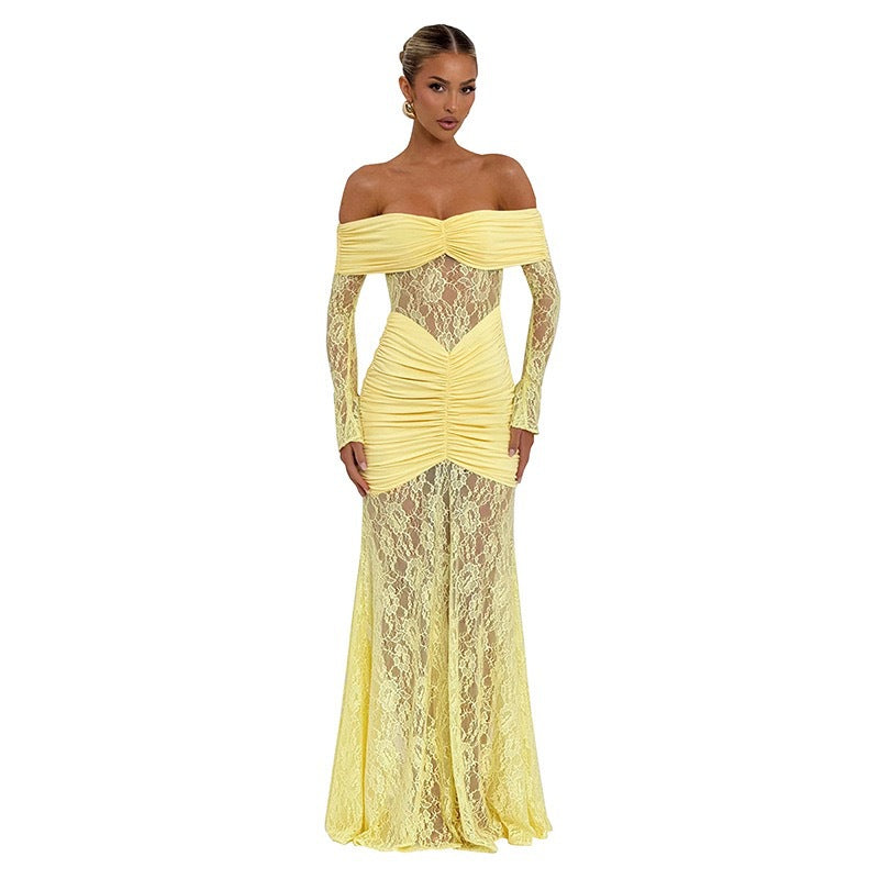 Damen Elegantes Langarm-Spitzenkleid mit Raffungen und schulterfreiem Design R&B