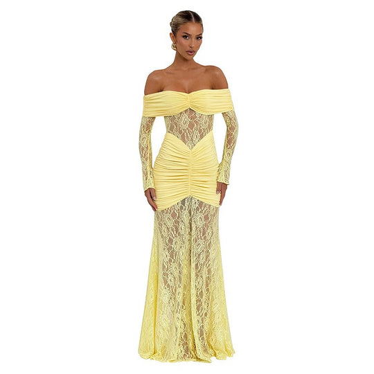 Damen Elegantes Langarm-Spitzenkleid mit Raffungen und schulterfreiem Design R&B