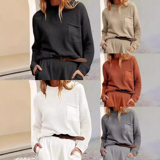 Damen Strickpullover mit hohem Kragen und Brusttasche R&B