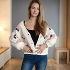Damen Strickjacke mit floralen Applikationen und knöpfbarem Design R&B