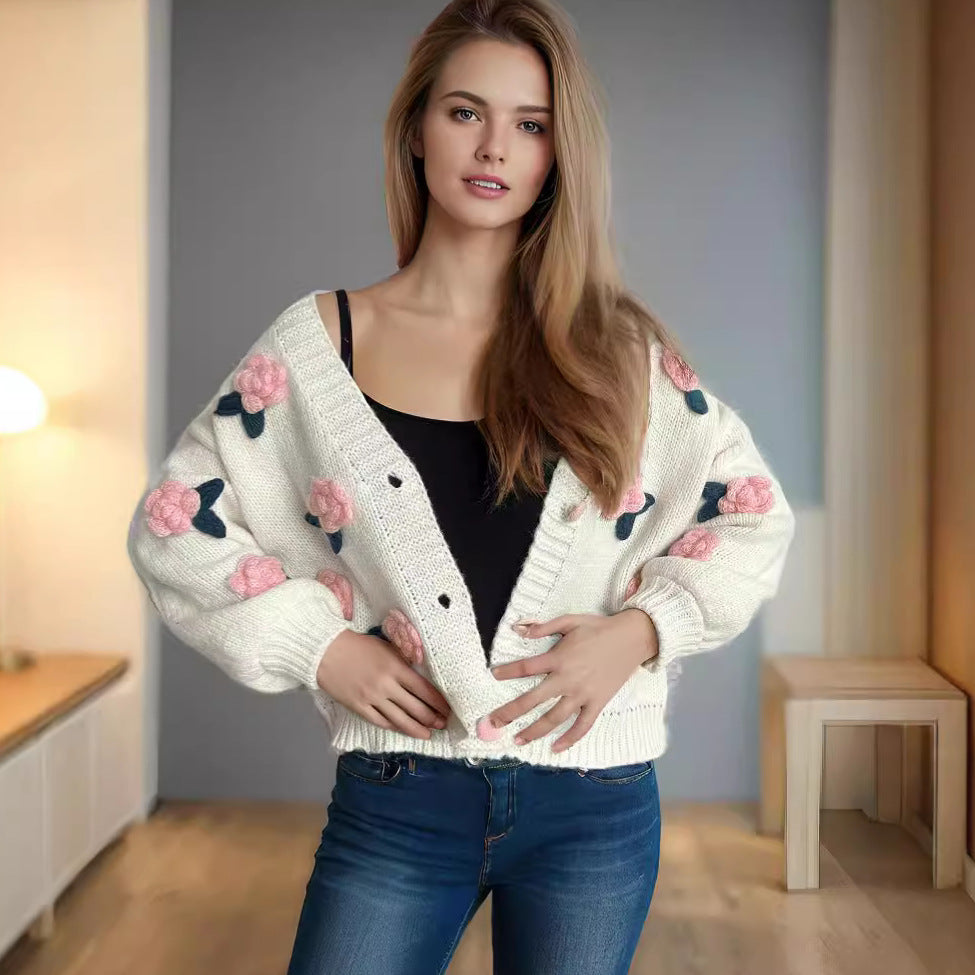 Damen Strickjacke mit floralen Applikationen und knöpfbarem Design R&B