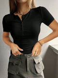 Damen Kurzarm Shirt mit dekorativen Knopfdetails R&B