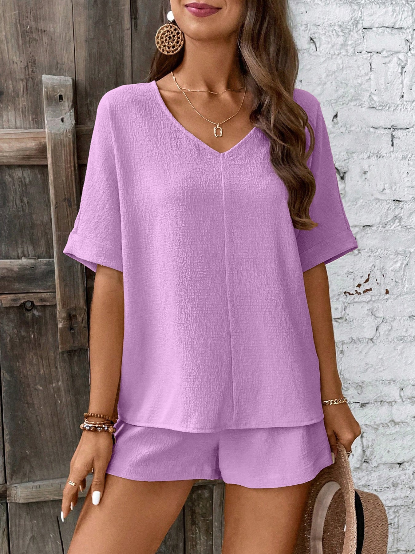 Damen Bequeme V-Ausschnitt Bluse mit Shorts R&B