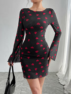 Damen Minikleid mit romantischem Herzmuster und langen Ärmeln R&B