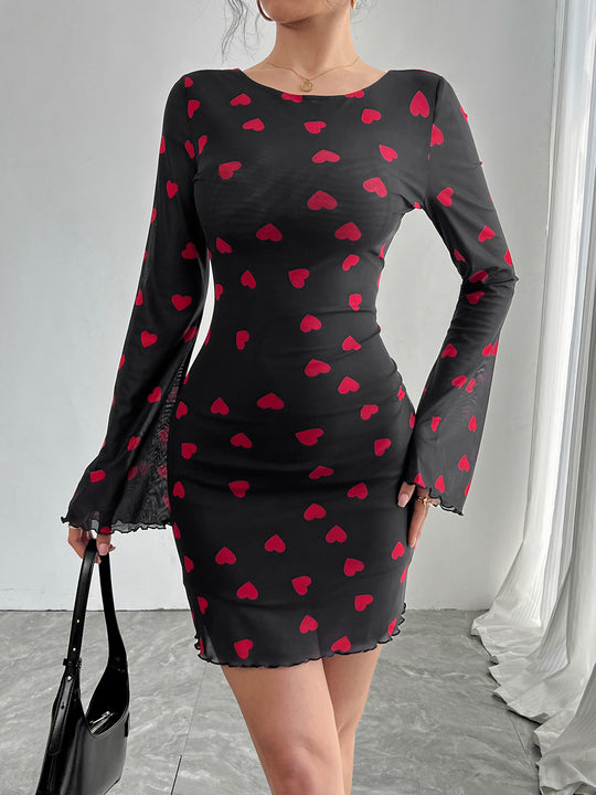 Damen Minikleid mit romantischem Herzmuster und langen Ärmeln R&B