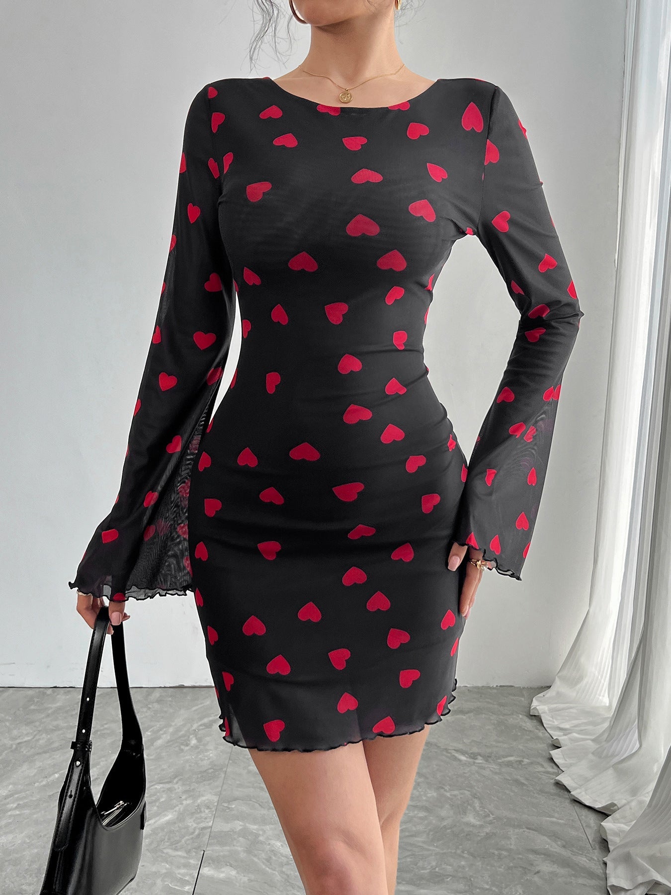 Damen nan figurbetontes Mini-Kleid aus feinem Netzstoff mit Herzmuster und Trompetenärmeln R&B
