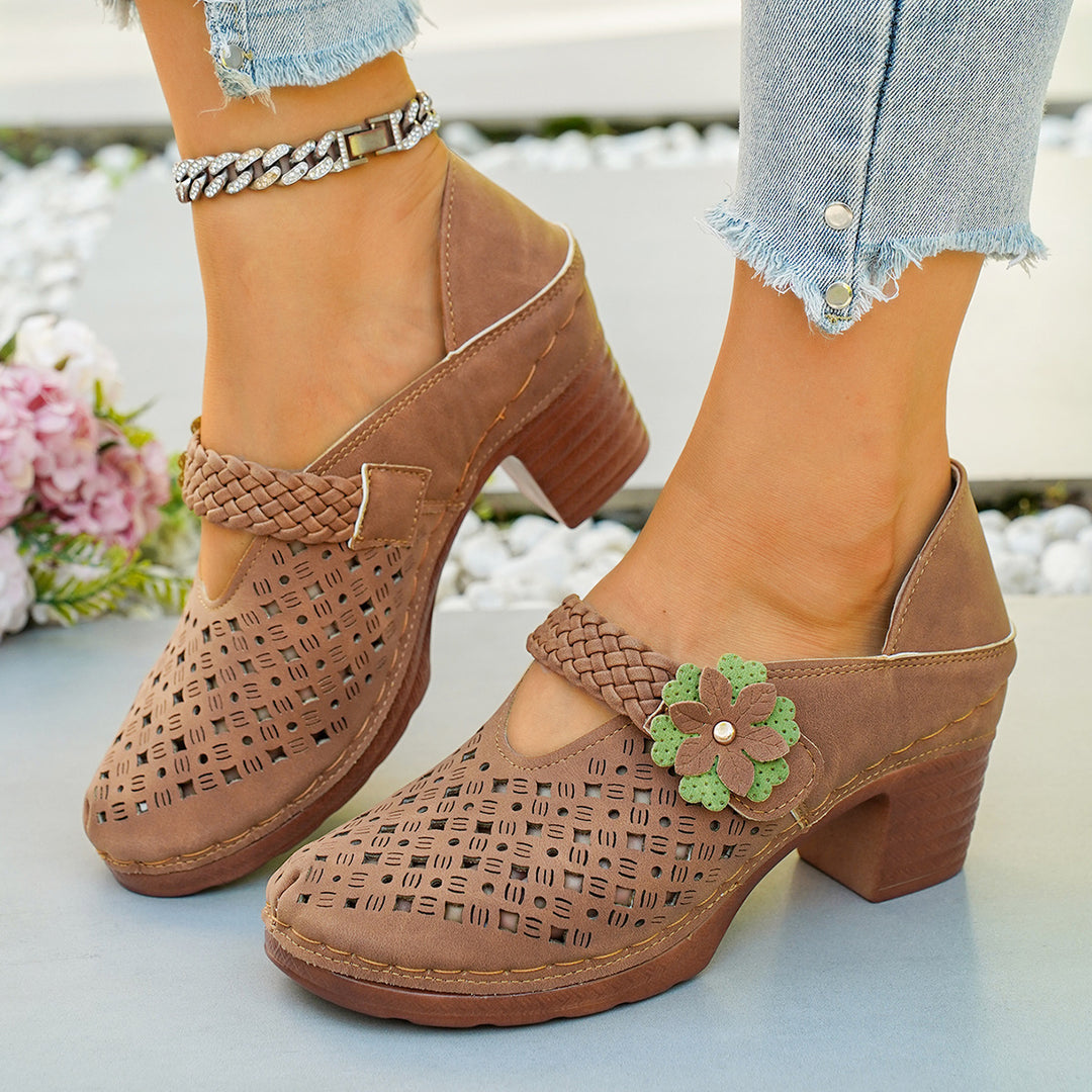 Damen elegante Pantoletten mit floralem Dekor und geflochtenem Riemen R&B