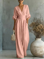 Damen Jumpsuit mit elegantem V-Ausschnitt und weitem Bein R&B