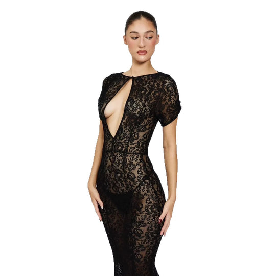 Damen Spitzenkleid mit tiefem Ausschnitt und ausgestelltem Schnitt R&B
