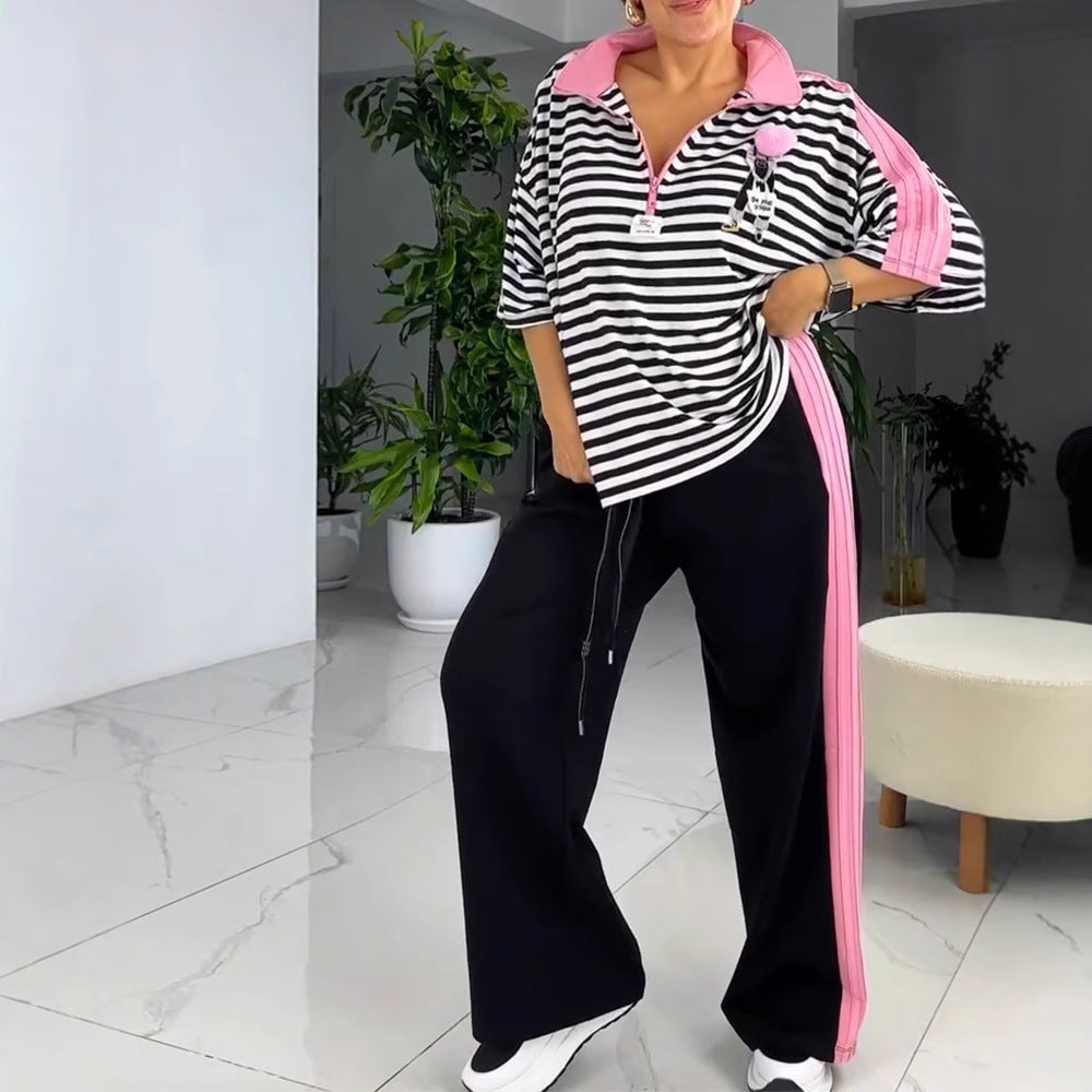 Damen nan lässiges zweiteiliges Polo-Lounge-Set mit Oversize-Streifen, Pompom-Applikation und kontrastierenden Seitenbahnen R&B