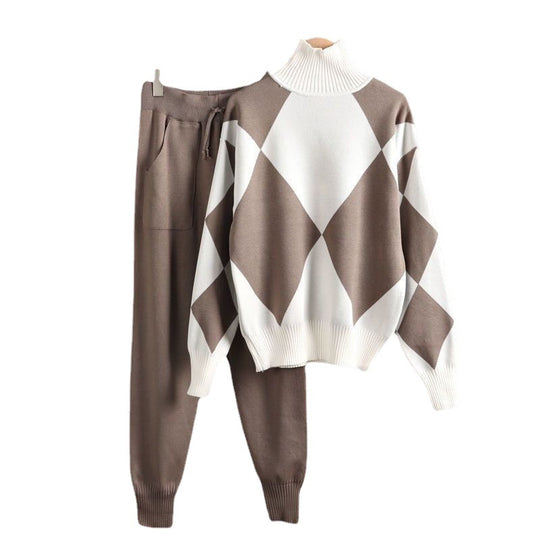 Damen stylisches Freizeitstrickset mit hohem Kragen R&B