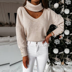 Damen eleganter Pullover mit hochwertigem Halsausschnitt und schicken Druckknöpfen R&B