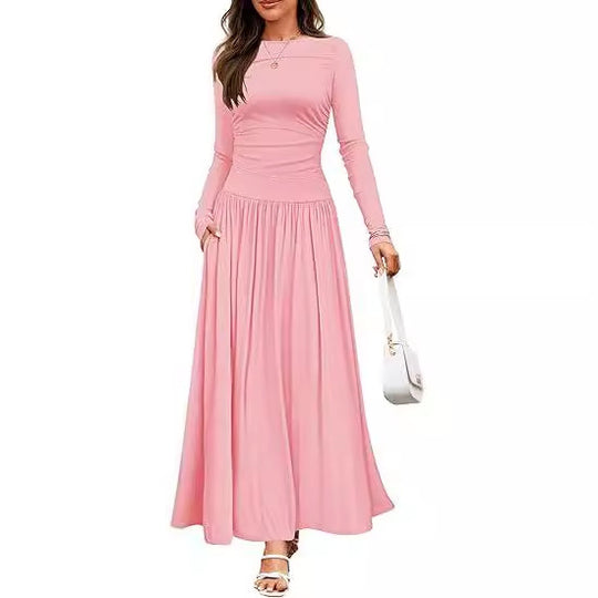 Damen Langärmliges Maxikleid mit eleganten Rüschendetails und praktischen Taschen R&B