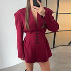 Damen trendiges Blazer-Kleid mit strukturierten Schultern und tiefem V-Ausschnitt R&B