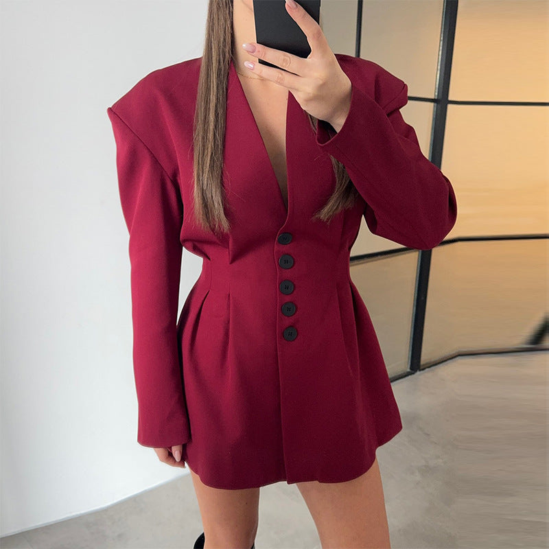 Damen trendiges Blazer-Kleid mit strukturierten Schultern und tiefem V-Ausschnitt R&B