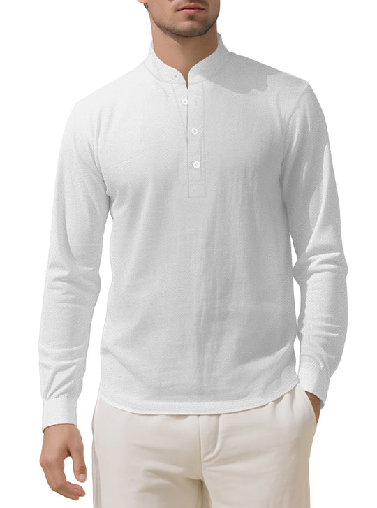 Herren nan Nehru-Kragen-Henley aus Baumwollstretch mit verdeckter Knopfleiste und schmaler Passform R&B