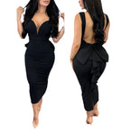 Damen figurbetontes Midikleid mit tiefem V-Ausschnitt und peplum Saum R&B