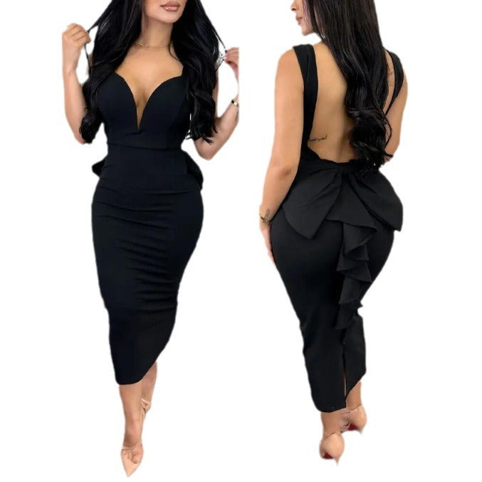 Damen figurbetontes Midikleid mit tiefem V-Ausschnitt und peplum Saum R&B