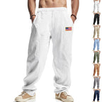 Herren nan lockere Baumwoll-Leinen Freizeithose mit elastischem Bund Kordelzug und dezenter Flaggen-Applikation R&B