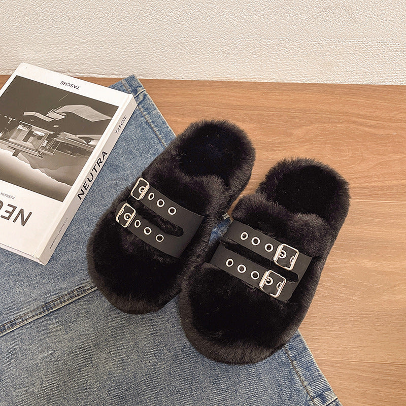 Damen Hausschuhe mit weichem Flausche-Futter und modischen Doppelschnallen EB