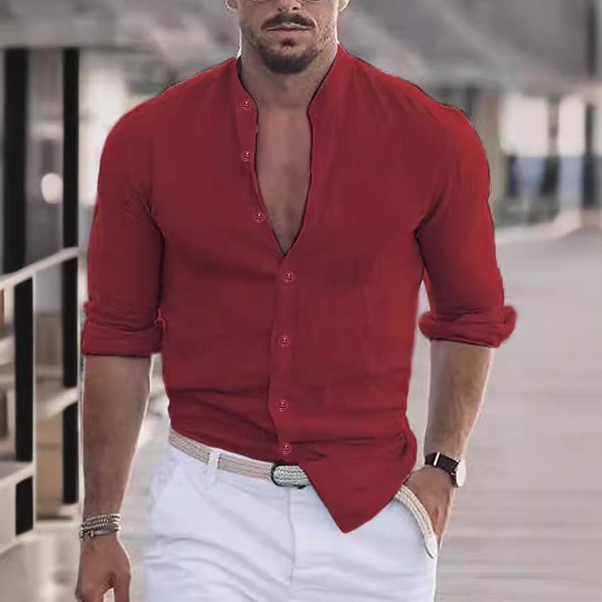Herren lässiges Leinenhemd mit modernem Stehkragen und aufrollbaren Ärmeln R&B