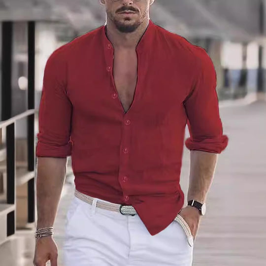 Herren lässiges Leinenhemd mit modernem Stehkragen und aufrollbaren Ärmeln R&B