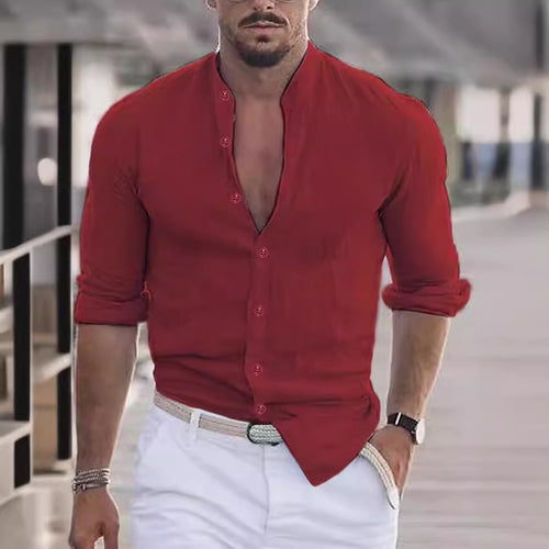 Herren lässiges Leinenhemd mit modernem Stehkragen und aufrollbaren Ärmeln R&B