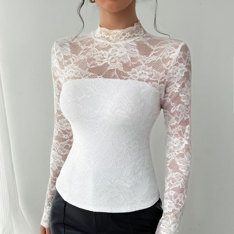 Damen Spitzenbody mit elegantem Stehkragen und langem Arm R&B