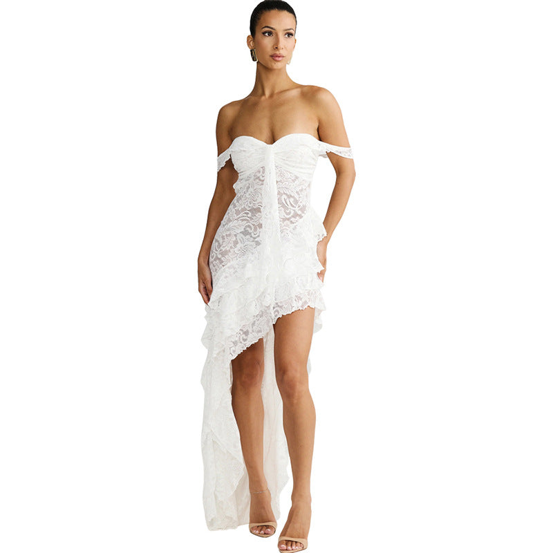 Damen asymmetrisches Spitzenkleid mit Rüschendetails R&B