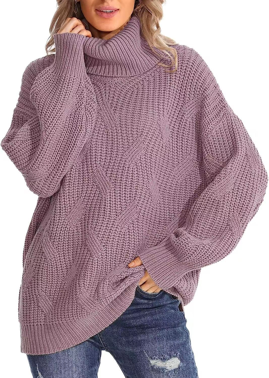 Damen Grobstrickpullover mit hohem Kragen und strukturiertem Zopfmuster R&B