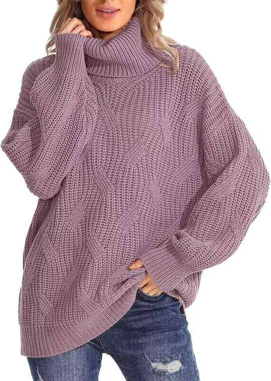 Damen Grobstrickpullover mit hohem Kragen und strukturiertem Zopfmuster R&B