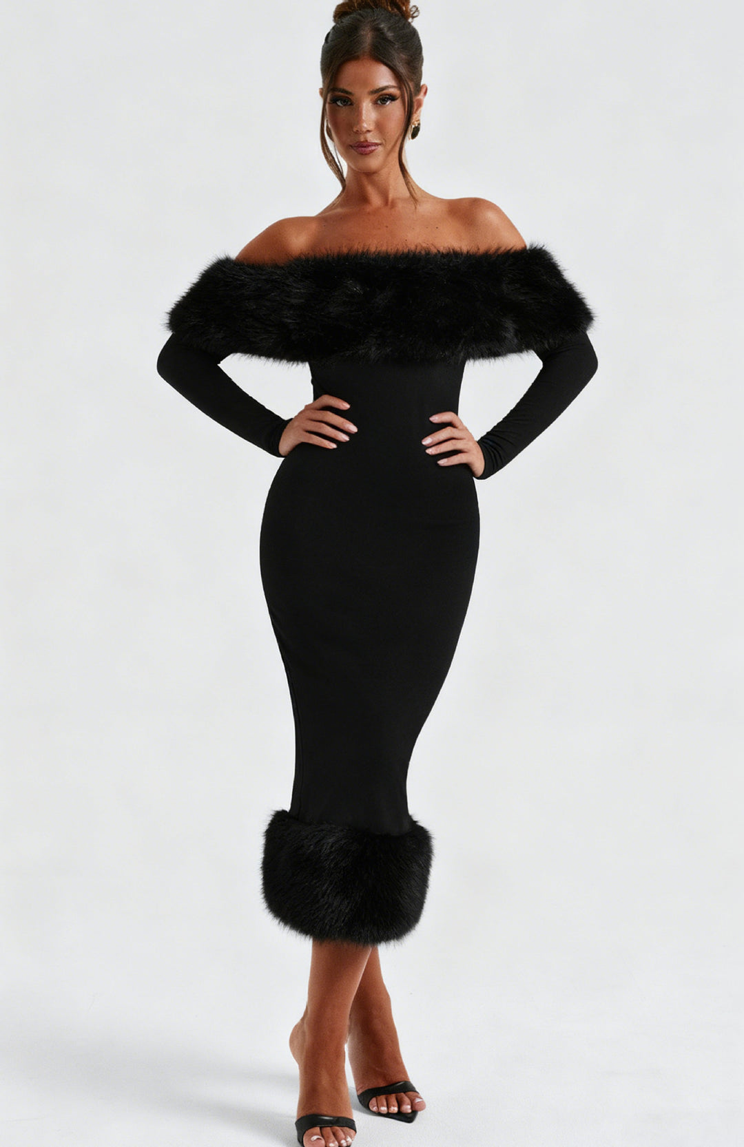 Damen Figurbetontes Kleid mit abnehmbaren Kunstfell-Akzenten R&B